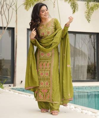Olive chinon readymade suit with zari & thread embroidered work 4