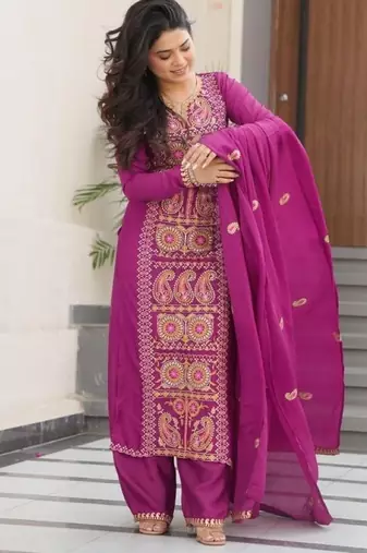 Purple chinon readymade suit with zari & thread embroidered work