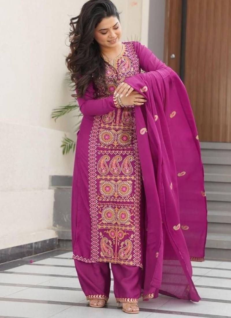 Purple chinon readymade suit with zari & thread embroidered work