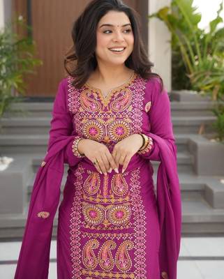 Purple chinon readymade suit with zari & thread embroidered work 2