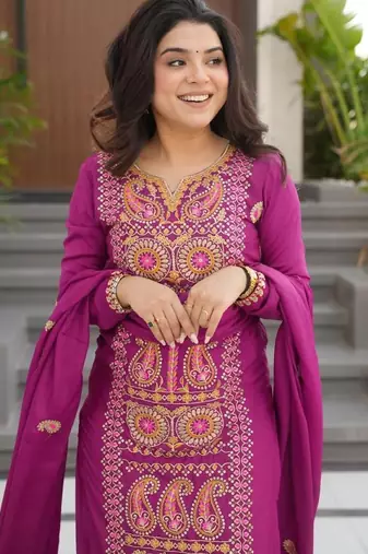 Purple chinon readymade suit with zari & thread embroidered work