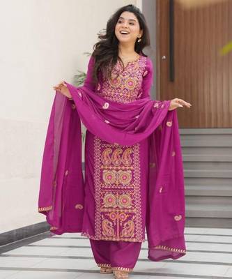 Purple chinon readymade suit with zari & thread embroidered work 3