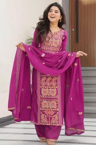 Purple chinon readymade suit with zari & thread embroidered work