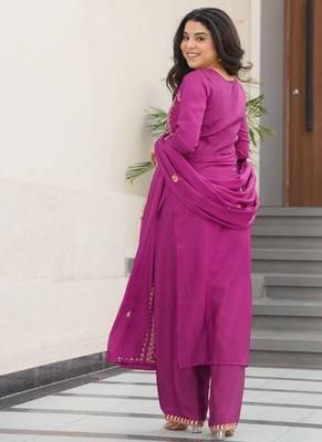 Purple chinon readymade suit with zari & thread embroidered work 4