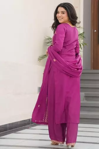 Purple chinon readymade suit with zari & thread embroidered work