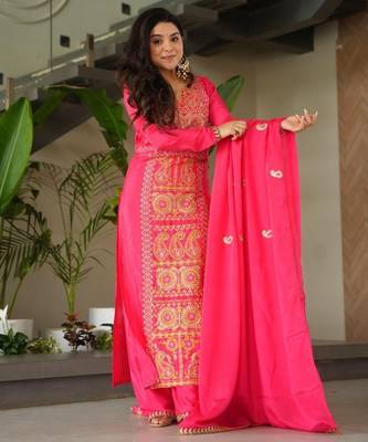 Rani chinon readymade suit with zari & thread embroidered work 1