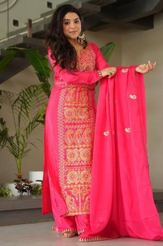 Rani chinon readymade suit with zari & thread embroidered work