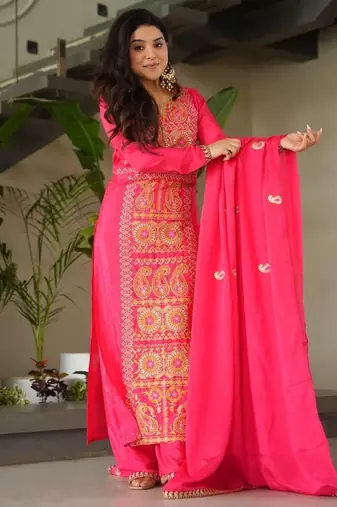 Rani chinon readymade suit with zari & thread embroidered work