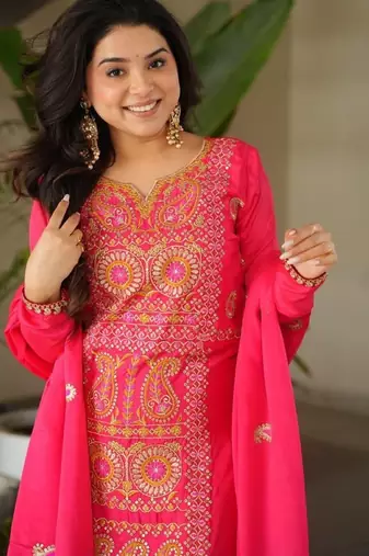 Rani chinon readymade suit with zari & thread embroidered work