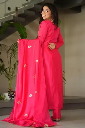 Rani chinon readymade suit with zari & thread embroidered work