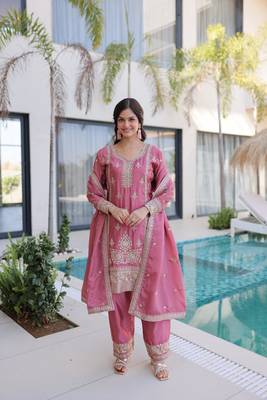 Pink chinon readymade suit with zari & thread embroidered work 1