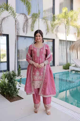 Pink chinon readymade suit with zari & thread embroidered work