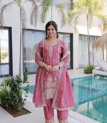 Pink chinon readymade suit with zari & thread embroidered work