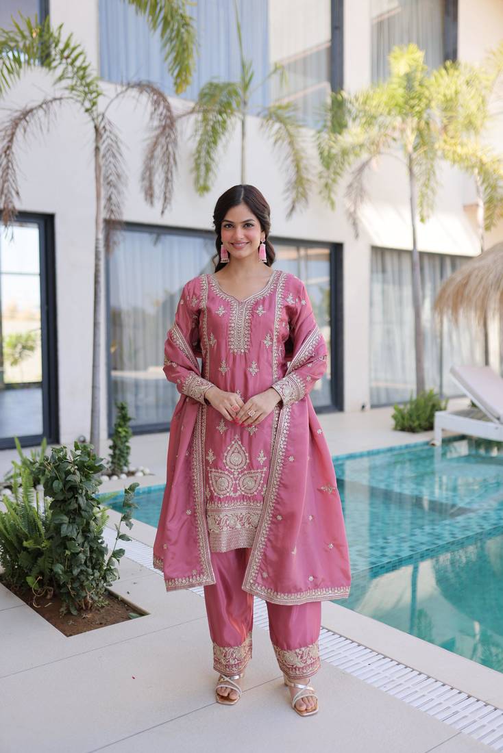 Pink chinon readymade suit with zari & thread embroidered work