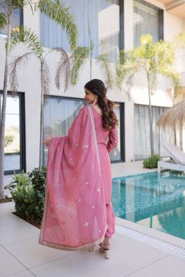 Pink chinon readymade suit with zari & thread embroidered work 4