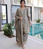 Grey chinon readymade suit with zari & thread embroidered work