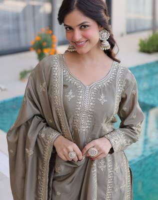 Grey chinon readymade suit with zari & thread embroidered work 2