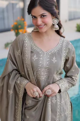 Grey chinon readymade suit with zari & thread embroidered work