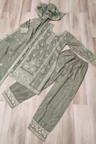 Grey chinon readymade suit with zari & thread embroidered work