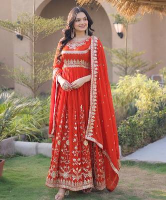 Orange georgette readymade anarkali suit with embroidery & sequence work 1
