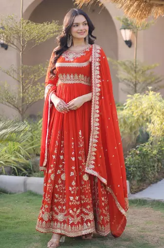 Orange georgette readymade anarkali suit with embroidery & sequence work
