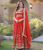 Orange georgette readymade anarkali suit with embroidery & sequence work