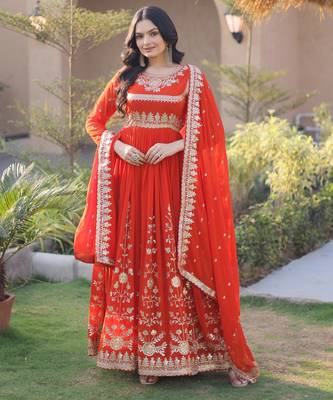 Orange georgette readymade anarkali suit with embroidery & sequence work 2