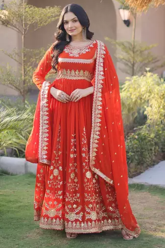 Orange georgette readymade anarkali suit with embroidery & sequence work