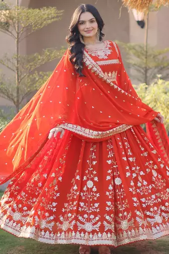 Orange georgette readymade anarkali suit with embroidery & sequence work