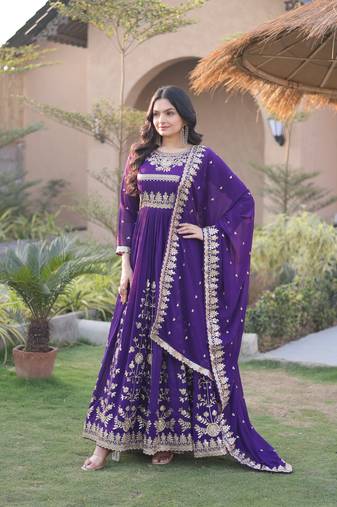 Violet georgette readymade anarkali suit with embroidery & sequence work