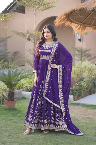 Violet georgette readymade anarkali suit with embroidery & sequence work