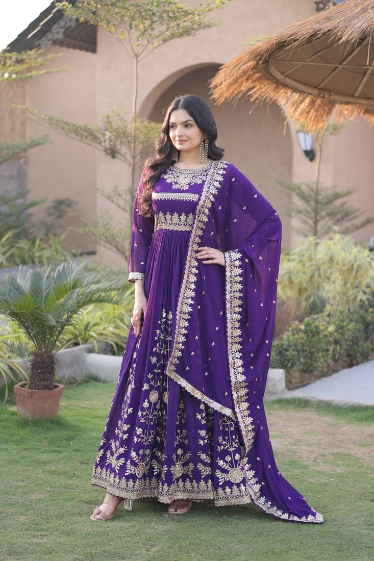 Violet georgette readymade anarkali suit with embroidery & sequence work