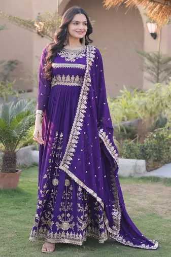 Violet georgette readymade anarkali suit with embroidery & sequence work