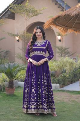 Violet georgette readymade anarkali suit with embroidery & sequence work 3