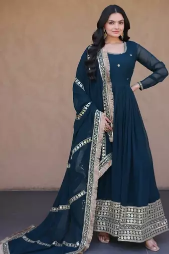 Teal georgette readymade anarkali suit with embroidery & sequence work