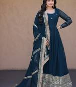 Teal georgette readymade anarkali suit with embroidery & sequence work
