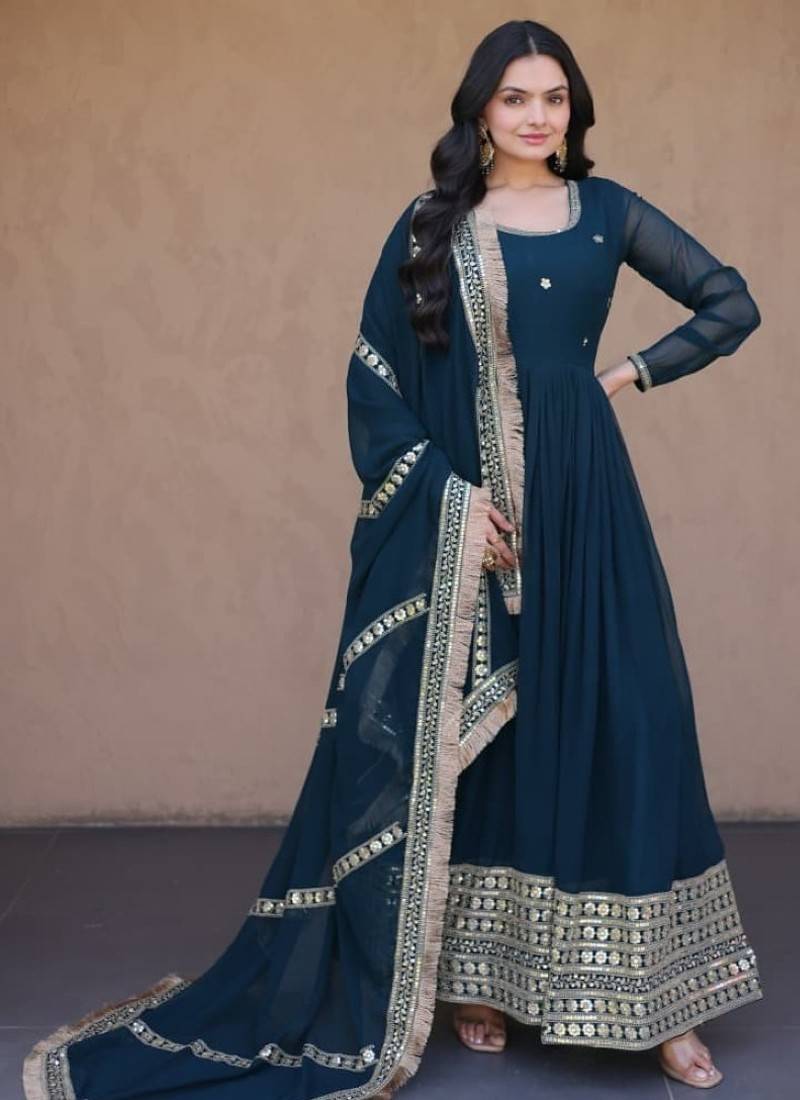 Teal georgette readymade anarkali suit with embroidery & sequence work