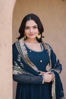 Teal georgette readymade anarkali suit with embroidery & sequence work 2