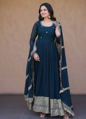 Teal georgette readymade anarkali suit with embroidery & sequence work 3