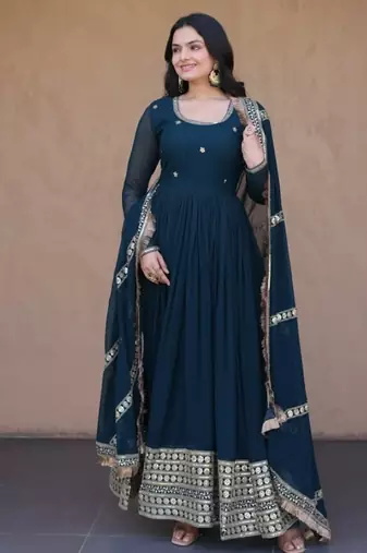 Teal georgette readymade anarkali suit with embroidery & sequence work