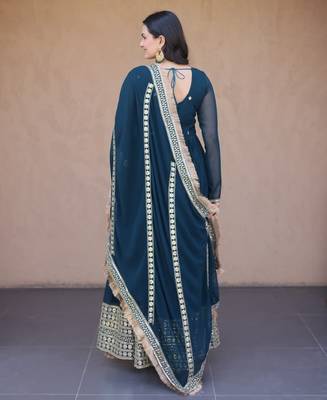 Teal georgette readymade anarkali suit with embroidery & sequence work 4