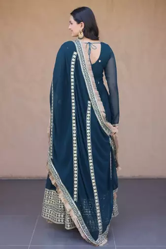 Teal georgette readymade anarkali suit with embroidery & sequence work
