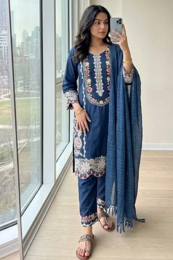 Blue rayon readymade suit with embroidery & thread work