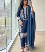 Blue rayon readymade suit with embroidery & thread work