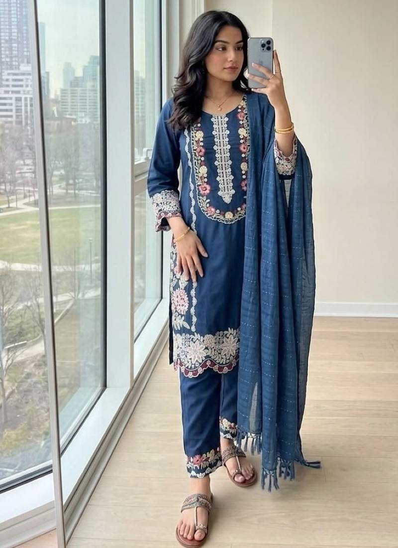 Blue rayon readymade suit with embroidery & thread work