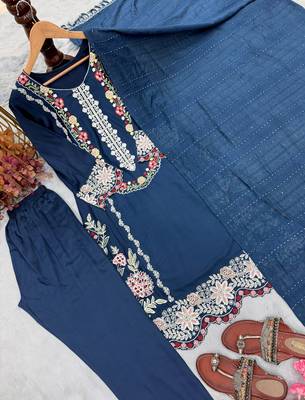 Blue rayon readymade suit with embroidery & thread work 2