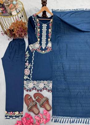 Blue rayon readymade suit with embroidery & thread work 3