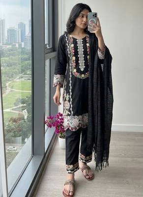 Black rayon readymade suit with embroidery & thread work 1