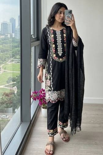 Black rayon readymade suit with embroidery & thread work