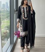 Black rayon readymade suit with embroidery & thread work